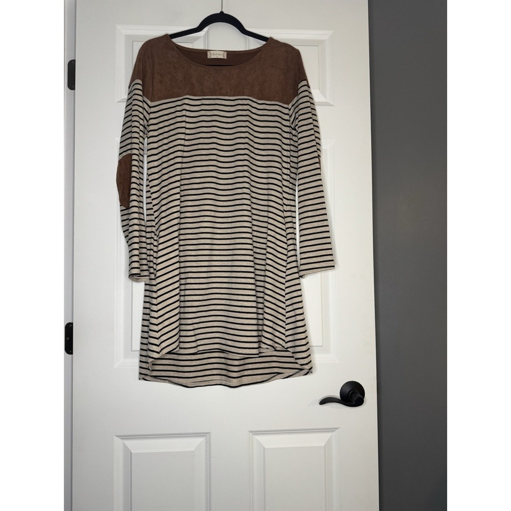 Altar'd State Long Sleeve Striped Dress Black Beige Brown Medium